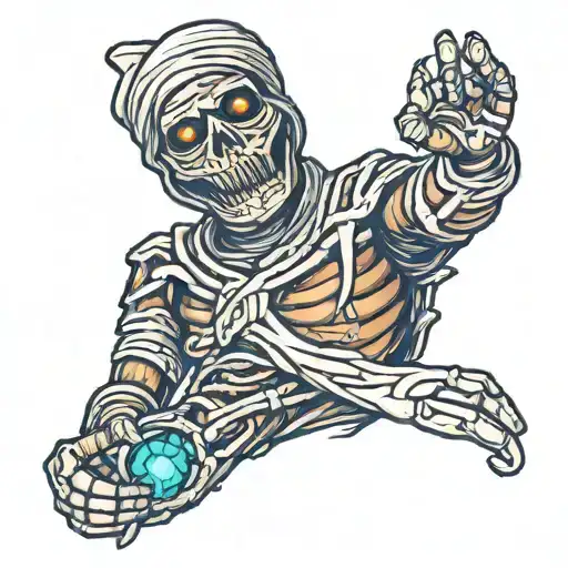 A modern interpretation of a mummy emerging from a sarcophagus, with glowing eyes and intricate bandages tattoo design idea