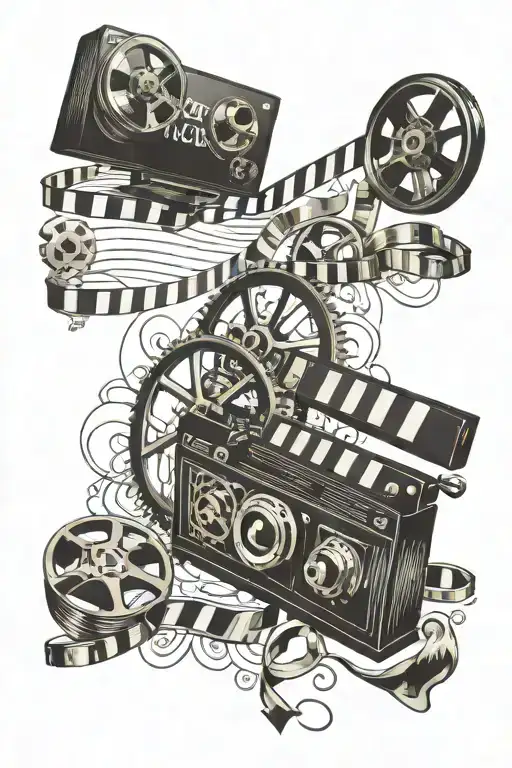 movies. movie reel, film strip winding, television set, vcr, hollywood  tattoo design idea