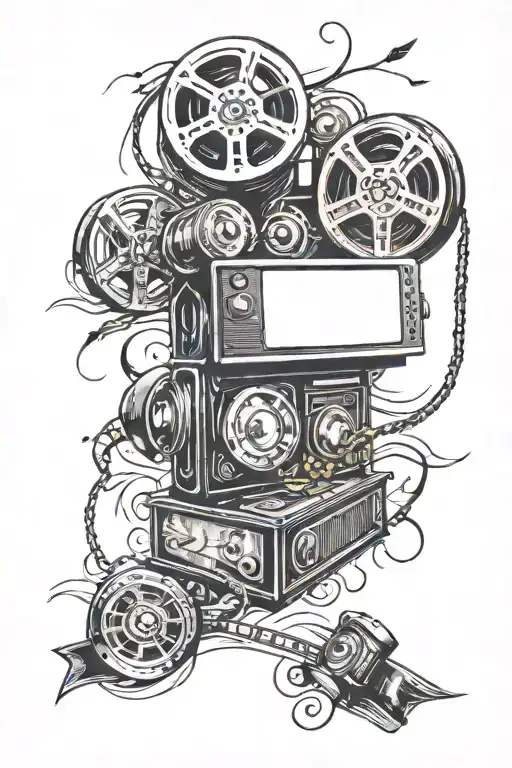 movies. movie reel, film strip winding, television set tattoo design idea
