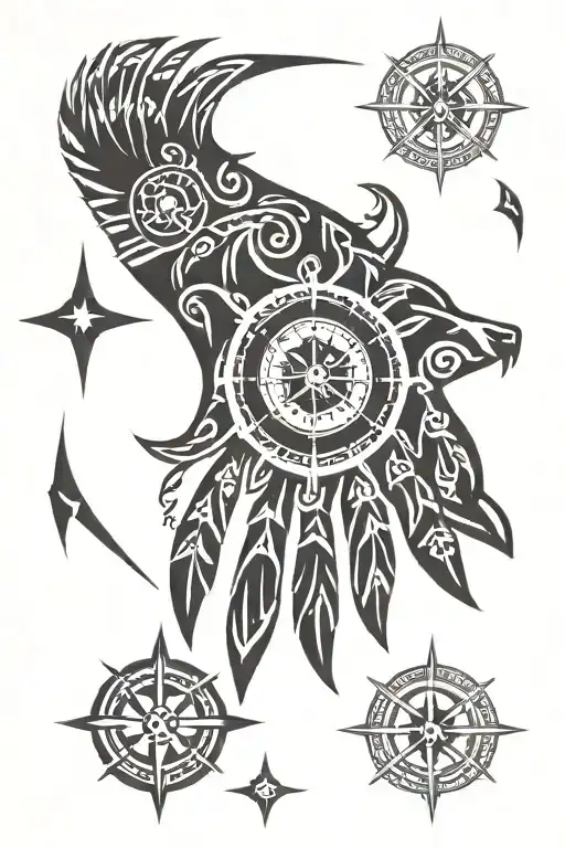 Tribal, bear claw with compass surrounded tattoo design idea