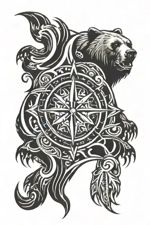 Tribal, bear claw with compass surrounded tattoo design idea