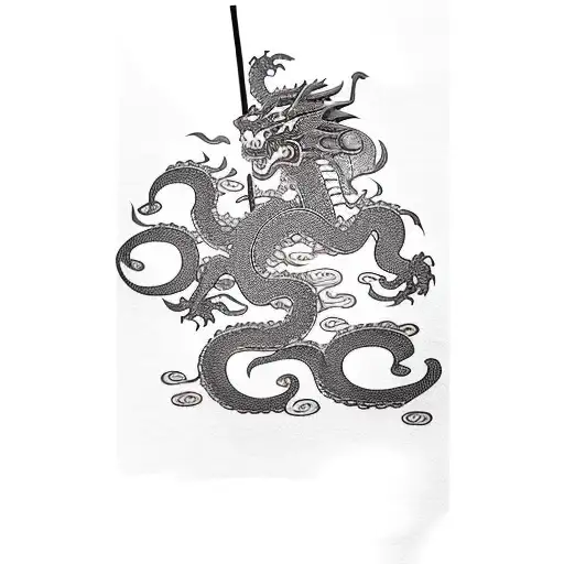 Samurai with a dragon surrounding the temple and a cherry blossom tree tattoo design idea