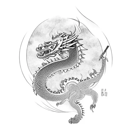 Samurai with a dragon surrounding the temple and a cherry blossom tree tattoo design idea