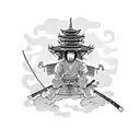 Samurai with a dragon surrounding the temple and a cherry blossom tree tattoo design idea