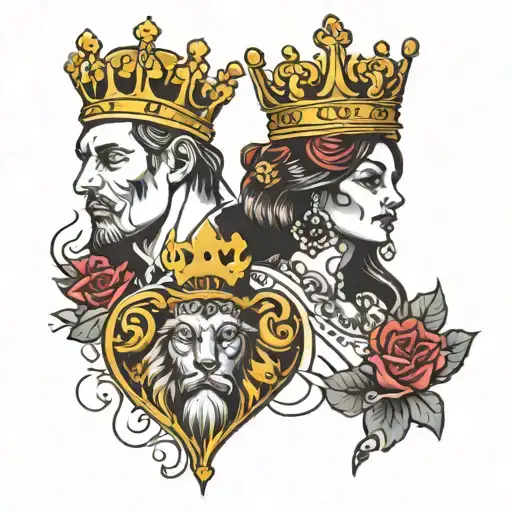 Paired tattoos of a king and a lady , with crowns and puzzles tattoo design idea