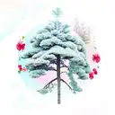 A majestic pine tree surrounded by a vibrant hibiscus garden, with a colorful bird perched on one of the branches tattoo design idea