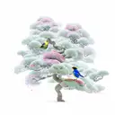 A majestic pine tree surrounded by a vibrant hibiscus garden, with a colorful bird perched on one of the branches tattoo design idea