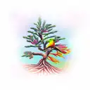 A majestic pine tree surrounded by a vibrant hibiscus garden, with a colorful bird perched on one of the branches tattoo design idea