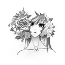 sexy anime girl with flowers around her tattoo design idea