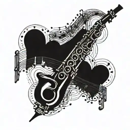 A blackwork tattoo of a clarinet intertwined with music notes and hearts, symbolizing the client's love for music and concerts tattoo design idea