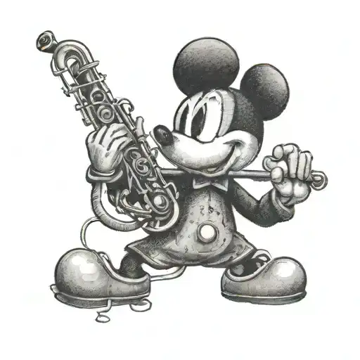 A dotwork tattoo of Mickey Mouse playing the clarinet, combining the client's love for Disney and music in a unique design tattoo design idea