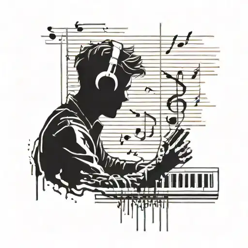 A blackwork tattoo of a silhouette of a programmer coding with music notes flowing around them, reflecting the client's occupation and passion for music tattoo design idea