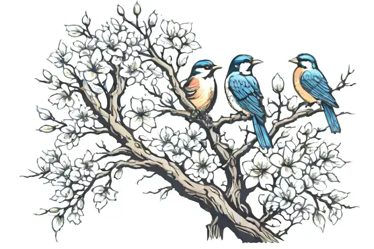 long tree branch with blossoms and three birds  tattoo design idea