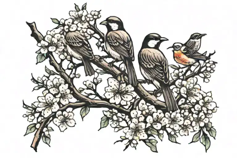 long tree branch with blossoms and three birds  tattoo design idea