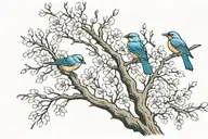 long tree branch with blossoms and three birds  tattoo design idea