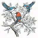 long tree branch with blossoms and three birds  tattoo design idea
