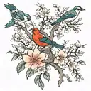 long tree branch with blossoms and three birds  tattoo design idea