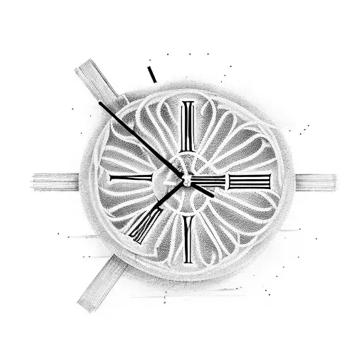 A surreal composition of a broken clock intertwined with a staircase that symbolizes the limited time we have tattoo design idea