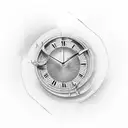 A surreal composition of a broken clock intertwined with a staircase that symbolizes the limited time we have tattoo design idea