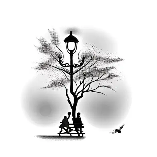 park bench with lamppost woman sitting on bench with four kids tattoo design idea