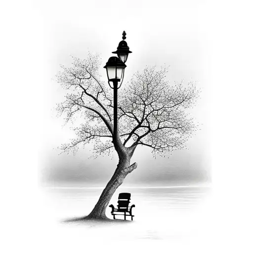 park bench with lamppost overlooking water tattoo design idea