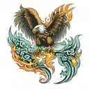 eagles body turning into a flaming Phoenix rising tattoo design idea