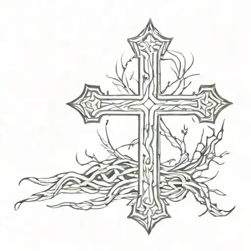 cross made of nails with thorne crown hanging tattoo design idea