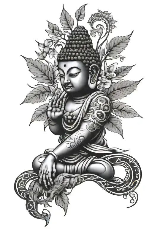 Black ink tattoo on my left arm that is buddha with a welsh dragon and a New Zealand fern in Māori themed  tattoo design idea