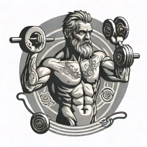 A stoic figure lifting weights with a background of musical notes tattoo design idea