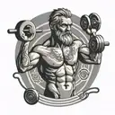 A stoic figure lifting weights with a background of musical notes tattoo design idea