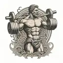 A stoic figure lifting weights with a background of musical notes tattoo design idea