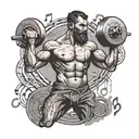 A stoic figure lifting weights with a background of musical notes tattoo design idea