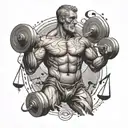 A stoic figure lifting weights with a background of musical notes tattoo design idea