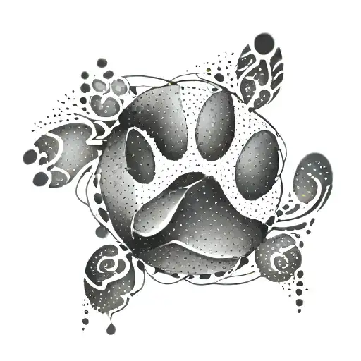 An abstract geometric tattoo of interconnected puddles with a dog paw print at the center, using dotwork for shading and texture tattoo design idea