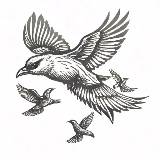 A minimalist tattoo of a flock of birds taking flight, with one bird breaking away from the group to symbolize independence and individuality tattoo design idea