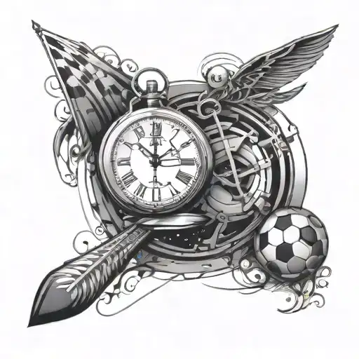 A creative fusion of a pocket watch and a soccer field, with abstract art elements intertwined, symbolizing the client's multifaceted interests and passions tattoo design idea