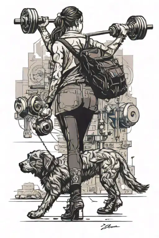 A woman in tights carrying dumbells walking away with a small and big dog following her tattoo design idea