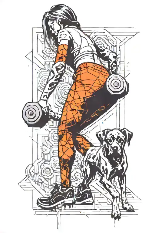 A woman in tights carrying dumbells walking away with a small and big dog following her tattoo design idea