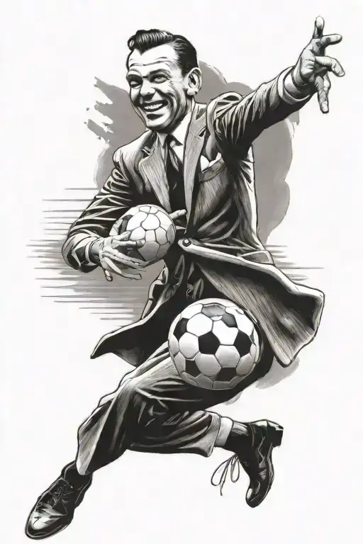 Portrait of Frank Sinatra playing soccer with a clock in the background tattoo design idea