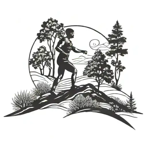 A silhouette of a person exercising in a beautiful countryside landscape tattoo design idea
