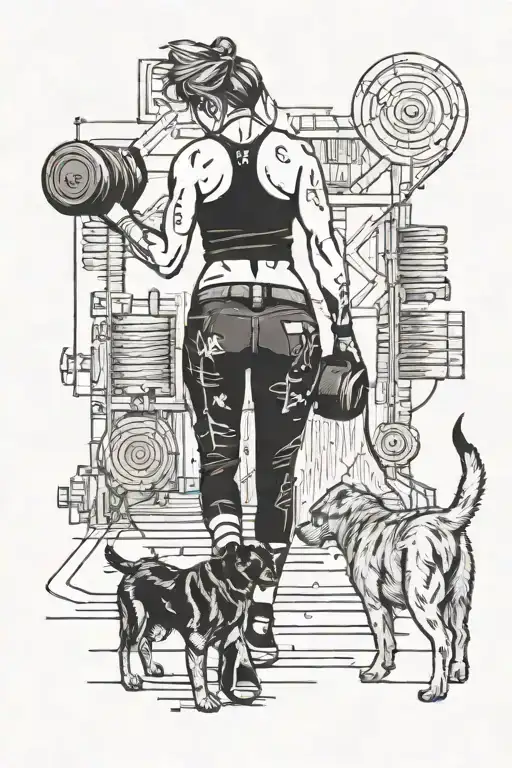 A fit  woman in tights carrying dumbells walking away and a small and big dog following her tattoo design idea