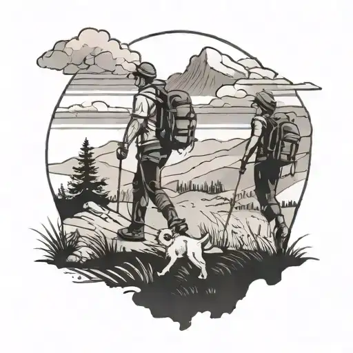 A black and grey tattoo of a couple hiking together in the countryside with their dog tattoo design idea