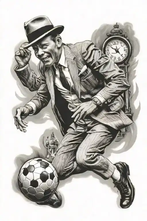 Portrait of Frank Sinatra playing soccer with a clock in the background tattoo design idea