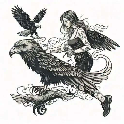 A woman in tights carrying dumbells walking away with an eagle flying overhead and a small and big dog following her tattoo design idea