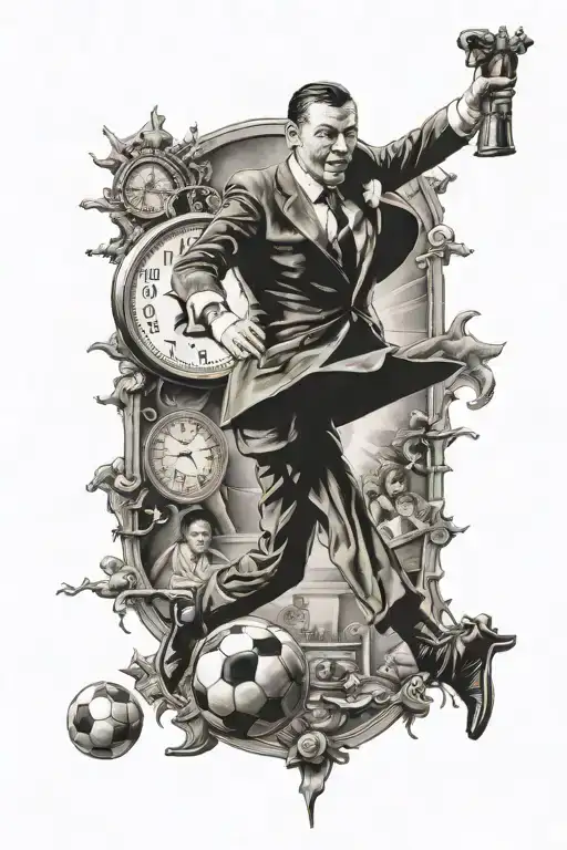 Portrait of Frank Sinatra playing soccer with a clock in the background tattoo design idea