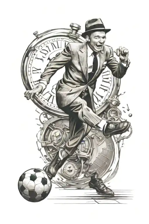 Portrait of Frank Sinatra playing soccer with a clock in the background tattoo design idea