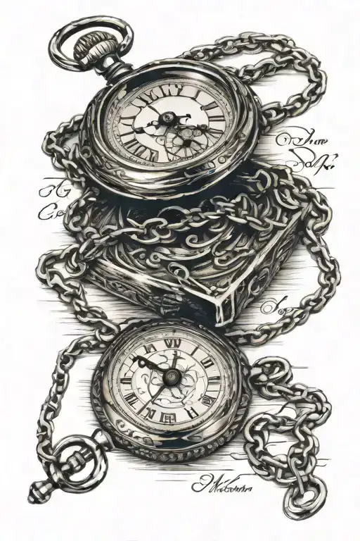 writing "hey old son" and a pocket watch on a chain tattoo design idea