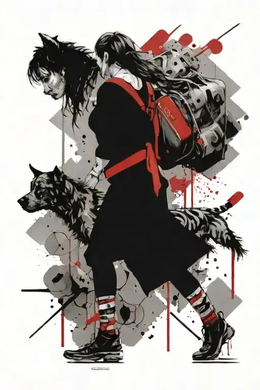 A woman in tights carrying dumbells walking away with a small and big dog following her tattoo design idea