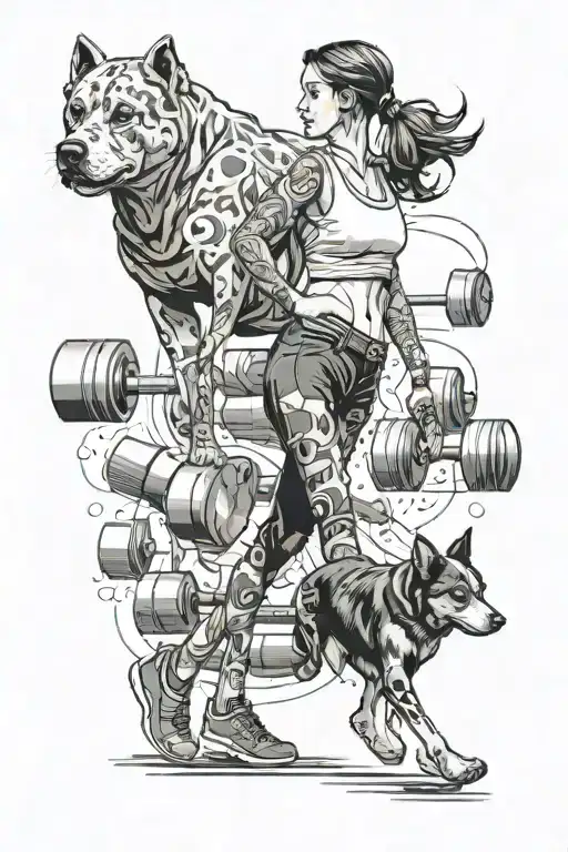 A fit  woman in tights carrying dumbells walking away and a small and big dog following her tattoo design idea