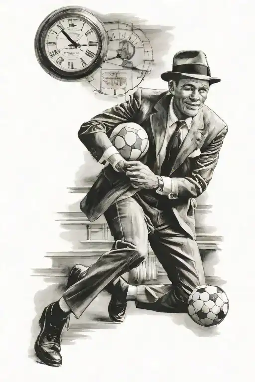 Portrait of Frank Sinatra playing soccer with a clock in the background tattoo design idea